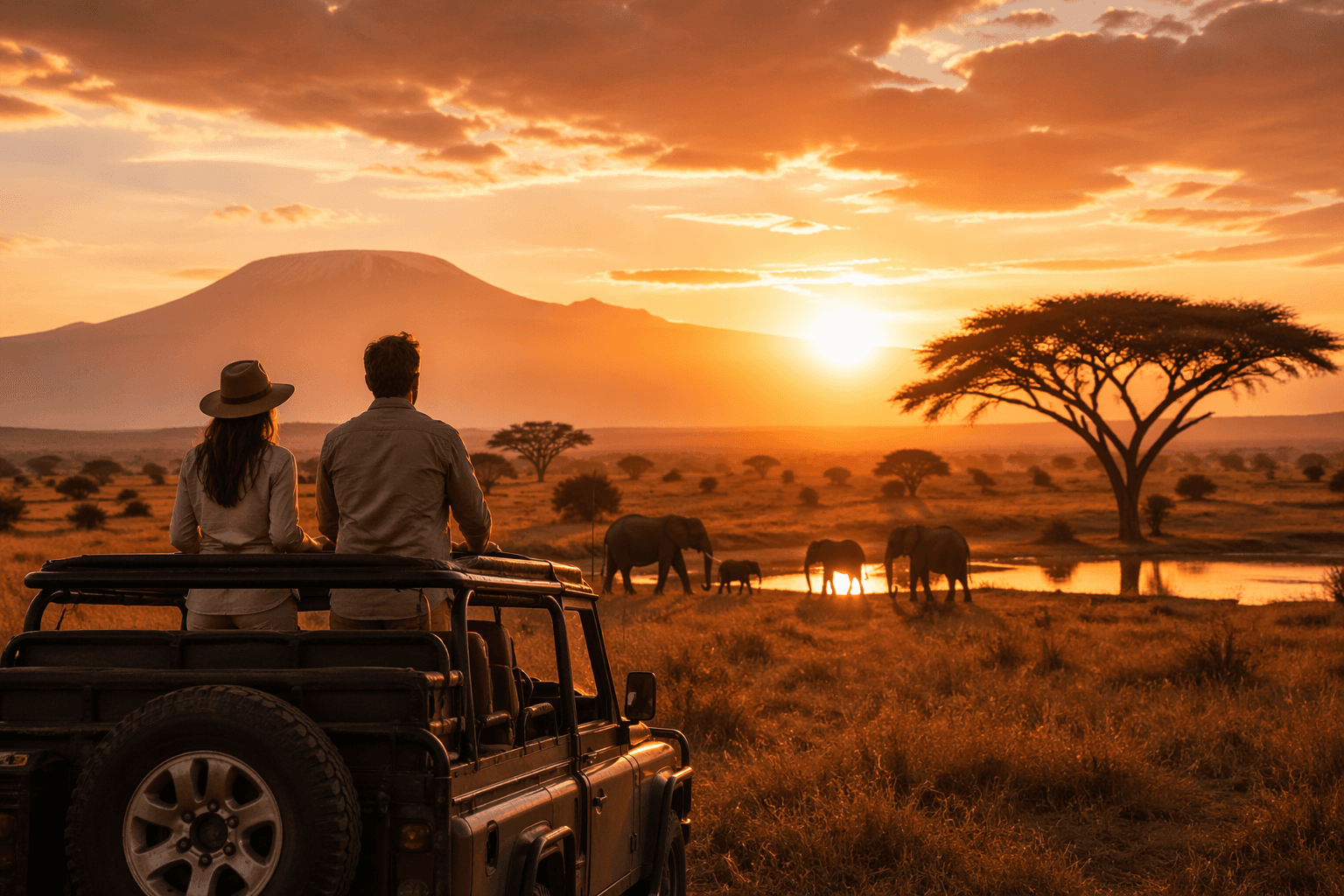 Pareja observando el atardecer en un safari en África, con un monte y elefantes al fondo